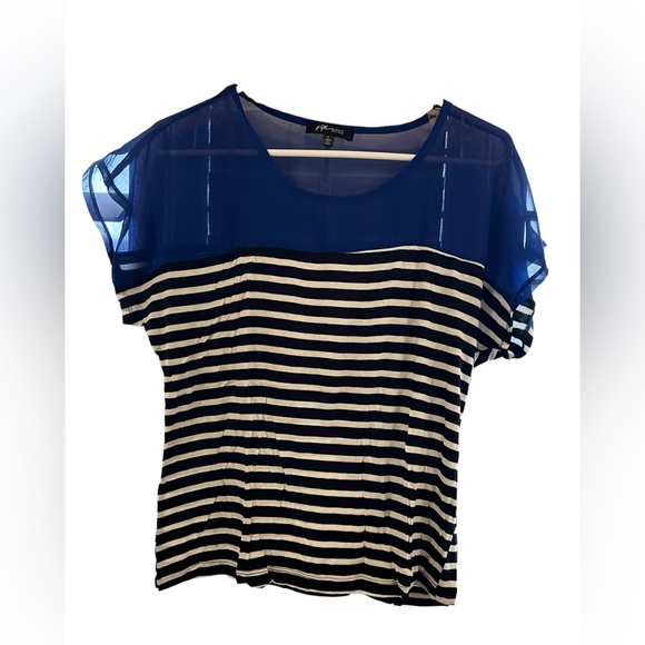 Gal Boss Short Sleeve Top Black & White Striped Lightweight tee with blue sheer - Picture 1 of 3